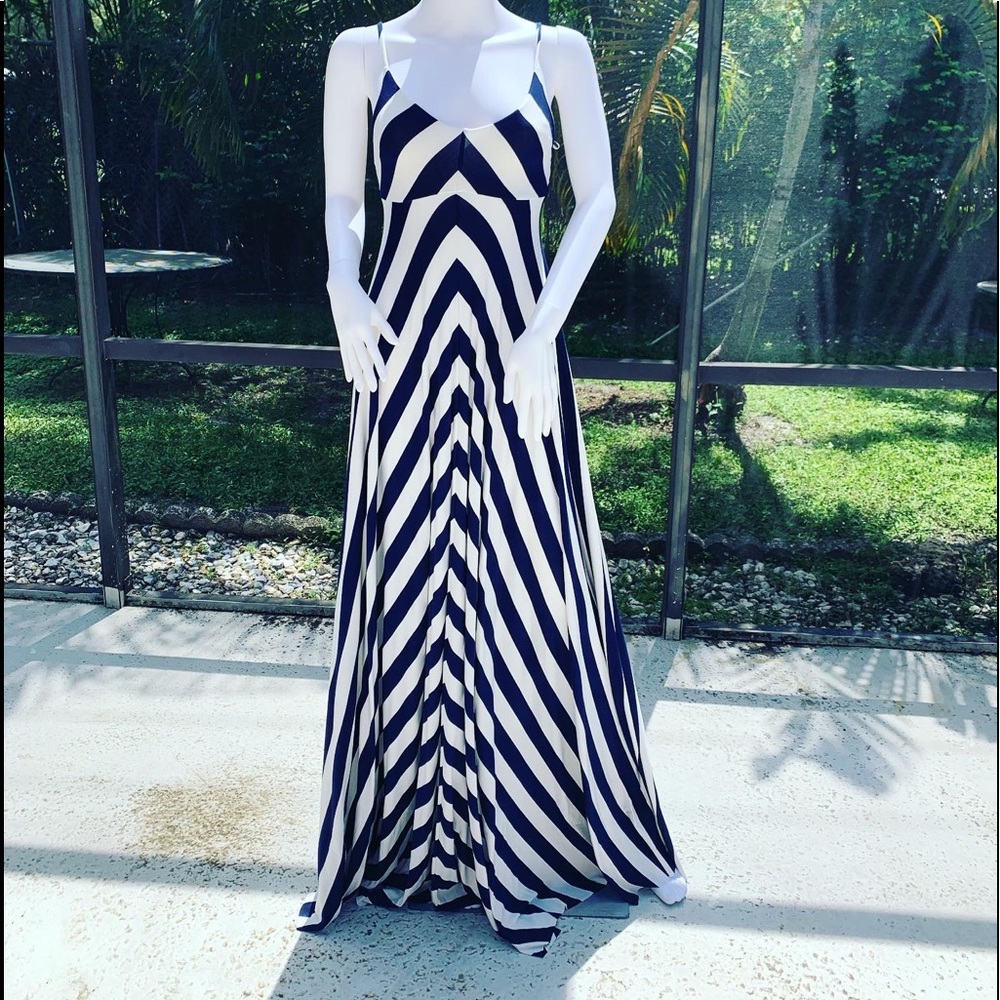Nadia Tarr - Striped Navy and White Maxi Dress - Sleeveless Spaghetti Strap
